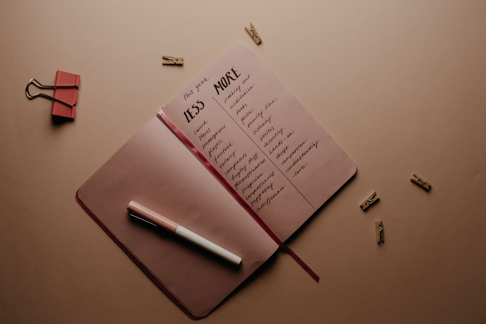 An open notebook on a plain background with a handwritten two column list headed LESS and MORE, a pen resting on the left hand page and wooden pegs scattered around