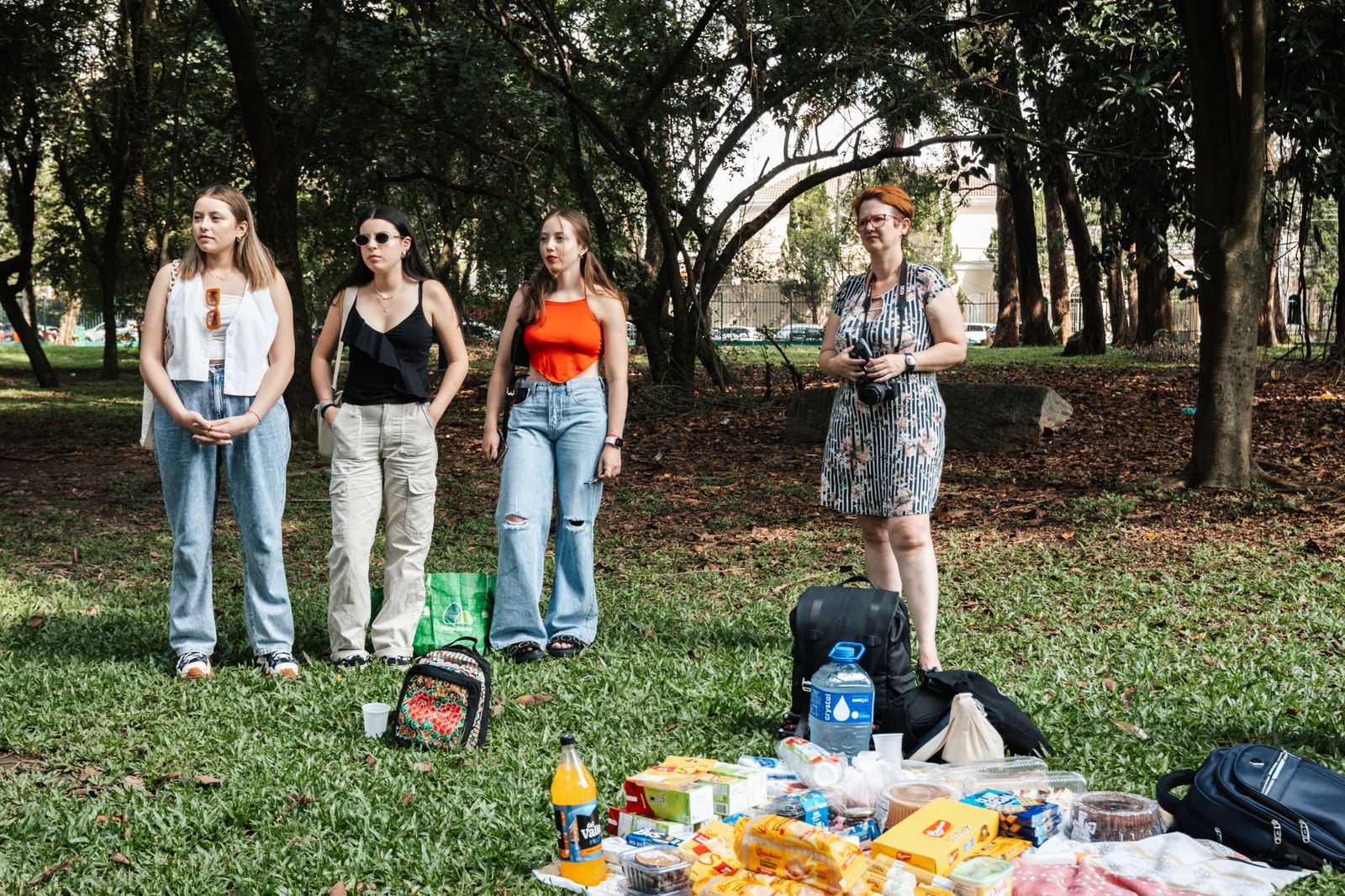 Four people standing on grass in a park under trees, with a picnic spread of food, drinks and bags laid out on a blanket in front of them